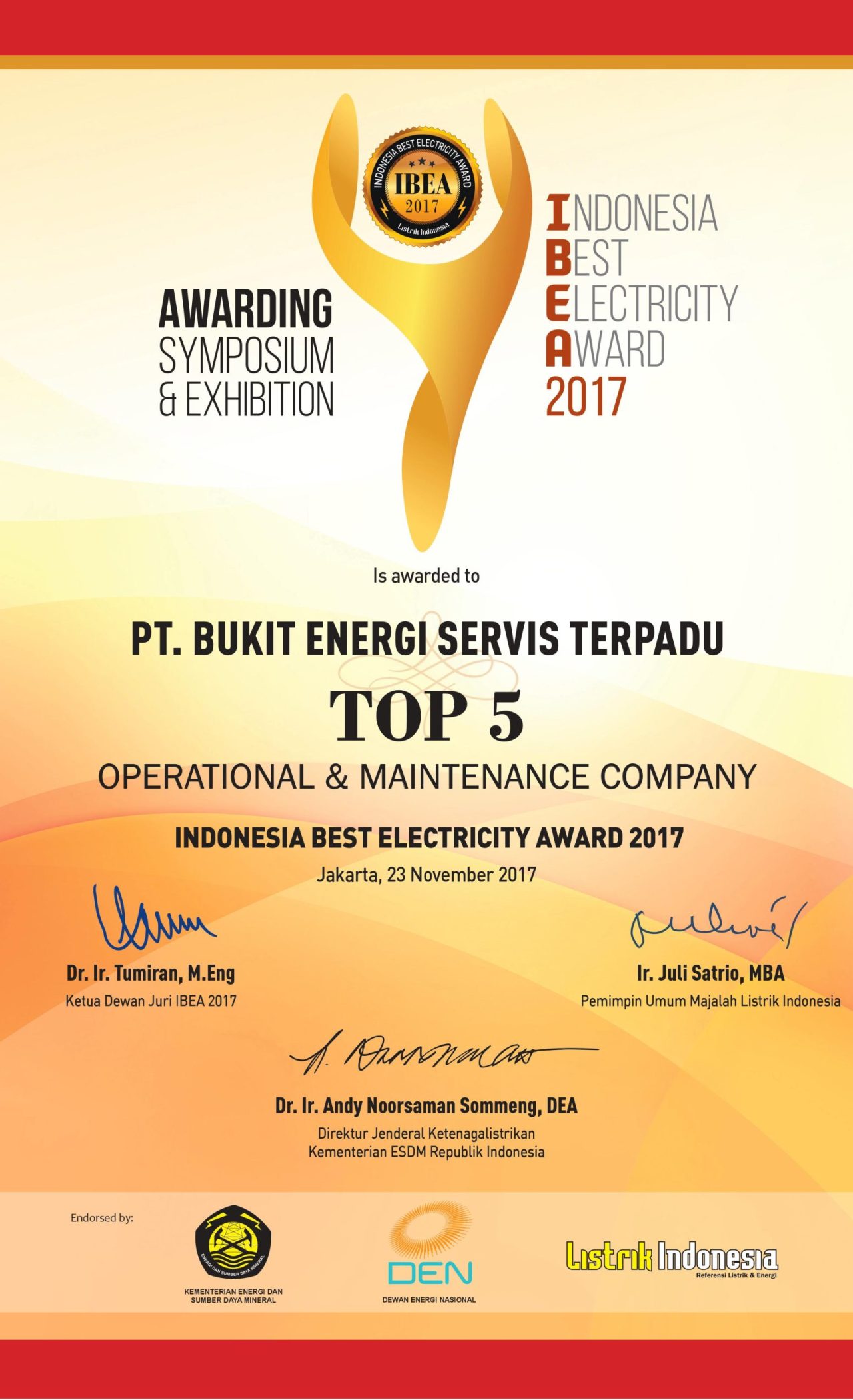 Indonesia Best Electrical Award 2017 TOP 5 
Operational & Maintenance Company
